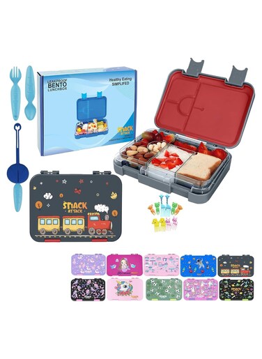 Snack Attack Lunch Box for Kids School Grey And Red, Bento Lunch Boxl 4/6 Convertible Compartments   BPA Free And Leak Proof (Grey And Red Train)