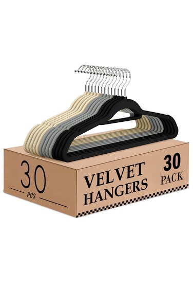 30 pcs Velvet Hangers Black Grey Ivory Colors with 360 Degree Rotatable Hook, Heavy Duty Non-Slip Clothes Felt Hangers for Wardrobe Shirt Pant Skirt Coats Dresses Jackets Hoodies
