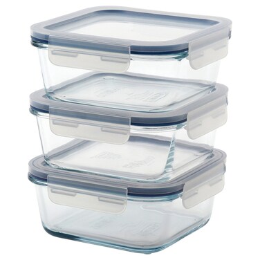 Food Container with Lid, Square/Glass, 600 ml &acirc;&euro;&ldquo; 3 Pack