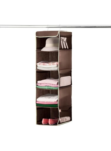ZOBER Roomy Breathable Space Saver 5 Shelf Hanging Closet Organizer with 6 Side Accessories Pockets, And 2 Sturdy Hooks (12 x 11 &frac12; x 42 In, Java)
