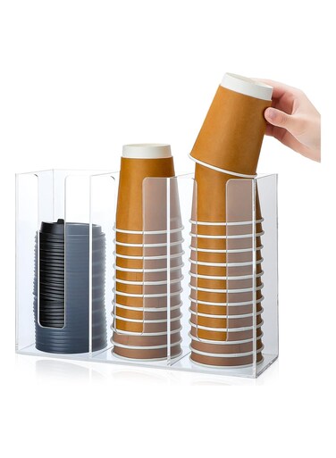 3 Compartments Acrylic Coffee Cup Dispenser Organizer Paper Cup Lid Sleeve Holder Disposable Cup Organizer Coffee Shop Supplies Paper Cup Holder Cup Storage Organizer for Counter Wall (Clear)