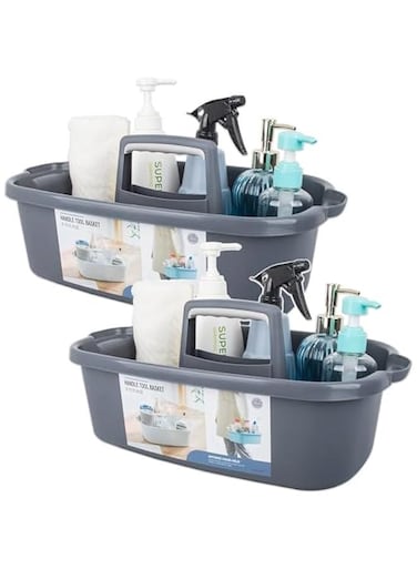 2 Pack Large Cleaning Supplies Organizer with Handle Portable Shower Caddy Basket Plastic Bucket Tool Storage for Bathroom, Bedroom, Kitchen, College Dorm, Under Sink, Garden (Dark grey)