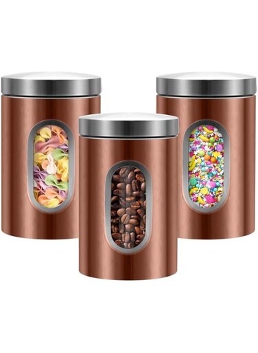 QYQRQF Canisters Sets for the Kitchen, 3pcs Sugar Flour Tea Coffee Storage Jars Stainless Steel Food Container Organizer for Kitchen Counter with Transparent Window (bronzy)
