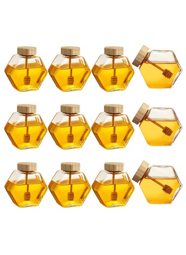 12Pack 8 oz Honey Jar Glass Honey Jar Wooden Dippers and Bamboo Lids, Clear Hexagon Honeypots for Honey Storage, Kitchen, Home, Party Favors, DIY Gifts