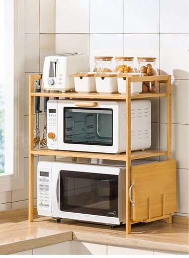 3-Tier Wooden Microwave Oven Rack, Kitchen Countertop Shelf, Bamboo Microwave Stand, Large Spice Racks, Pantry Organizers Storage Rack, Kitchen Organization with Cutting Board Slot, 4 Hooks
