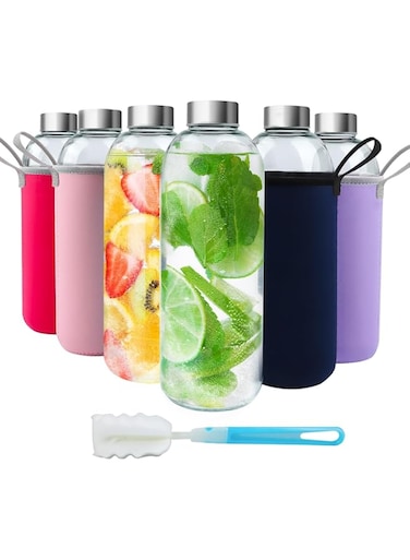 SKYLINK 6Pack 32oz Glass Water Bottle Caps &amp; Sleeve, Reusable Lids, Durable Refillable Juice Bottles for Juicing, Smoothies, Travel &amp; Daily Use