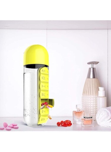 2-in-1 Pill Organizer Water Bottle 600ml, Portable Weekly Medicine Box with Drinking Cup, Travel Daily Vitamin Storage for Home Office Outdoor,Yellow
