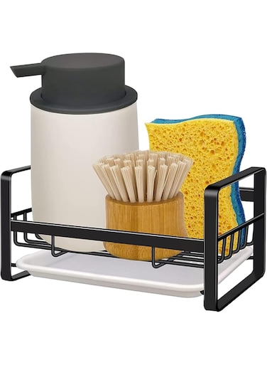 Arabest Kitchen Sink Sponge Holder, Large Metal Stainless Sponge Holder for Kitchen Sink, Dish Brush Holder Sink Holder with Removable Drain Pan, Punch-free Dry Kitchen Sink Organizer (Black)
