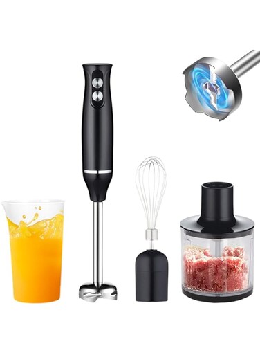 VAODO 4 in 1 Hand Blender, Electric Stick Blender Set, with Egg Whisk, Beaker and Food Chopper, 500W 2 Mix Speed with Stainless Steel Blades
