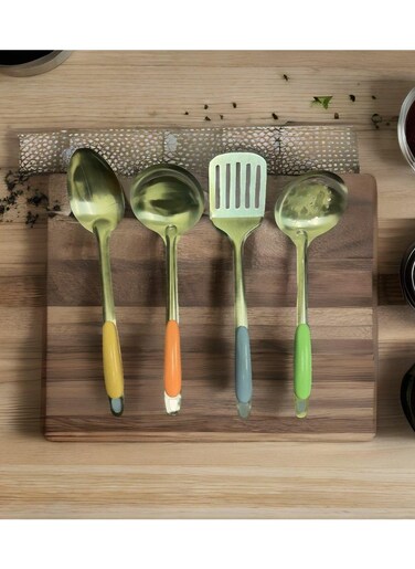 14-Inch Stainless Steel 4-Piece Utensil Set with Colorful Handles: Includes Cooking Spoon, Serving Spoon, Turner, and Skimmer