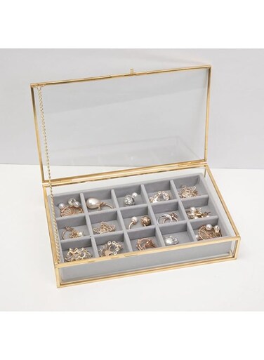 Jewelry Storage Box, Tempered Glass Jewellery Organizer Case with Clear Lid, 15 Grids Velvet Jewelry Display Tray with Dustproof Cover for Ornaments Rings Necklace, Gold Brass Frame, for Women Dresser