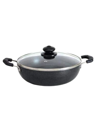 Non-Stick Kadai Flat Bottom With Glass Lid 3 Layer Coating 3mm thick, 24cm