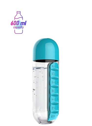 Plastic Water Bottle With Daily Pill Box Organizer Blue/Clear 23.5x6.9cm