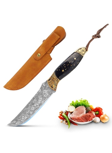 4.5 Inch Laser Textured Viking Knife, Copper Handle Head, Hand Forged Butcher Knife with Sheath, Kitchen Chef Knives, High Carbon Steel, Suitable for Home and Outdoor Use