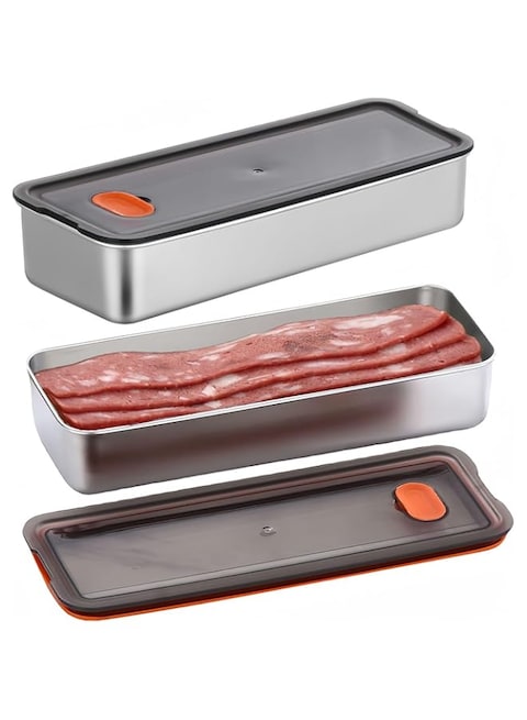 Excefore Bacon Container for Refrigerator,2PCS Bacon Storage Containers with Lids Airtight,304 Stainless Steel Airtight Deli Meat Storage Containers for Fridge, Long Kitchen Food Storage Container