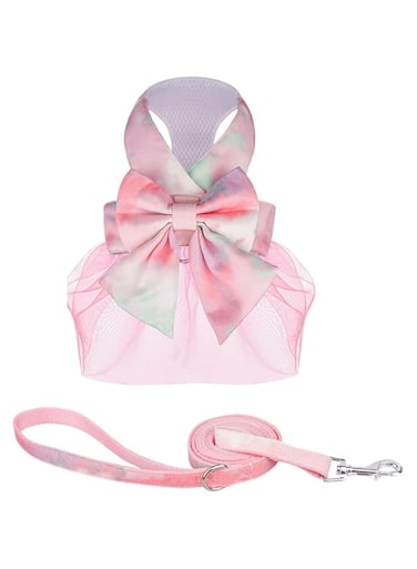 Dog Harness Dress with Leash Set,Sweet Colorful Bow Dog Dress Soft Tutu Vest Pet Clothes for Cats Puppy Small Dogs (Green Powder, XS)