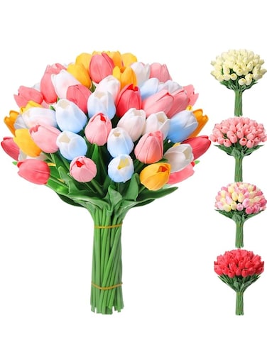 NALACAL 40 Pcs Artificial Flower Tulips Faux Tulips PU Real Look Tulips Latex Tulip Artificial Plastic Flowers Fake Bouquet for Easter Decoration Dining Table Wedding Centerpiece(Classic)