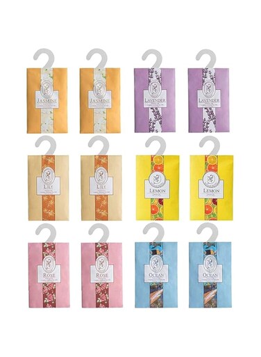 JIEOU 12PCS Natural Scented Sachets Bags, Wardrobe Fresheners for Drawers and Closets, Long-Lasting Aroma Bag for Drawers, Closets, Wadrobe, Car ( Lavender, Lily, Ocean, Lemon, Jasmine, Rose )