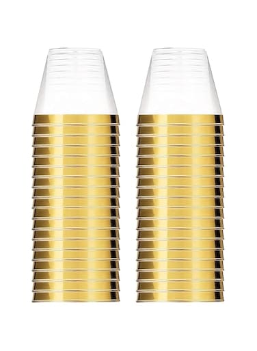Beauenty 25Pcs Gold Plastic Cups 9 Oz Clear Disposable Cups for Party &amp; Wedding