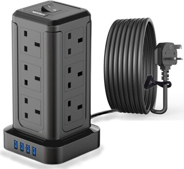 BEPiTECH Power Extension Cord Tower,12 Power Sockets Desktop Charging Station 2500W, 4 Smart USB Slots Surge Protected Fire Proof 2m Heavy Duty Lead Strip for Office supplies (Black USB-A)
