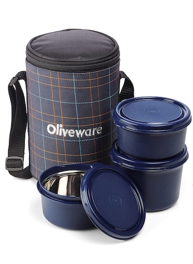 Amber Lunch Box, Microwave Safe &amp; Leak Proof, 3 Inside Steel Containers with BPA Free Lids (2 * 450ml &amp; 600ml), Fabric Bag - Blue