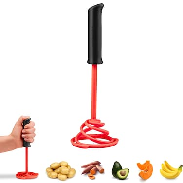 Dreamfarm Smood Lite One-Handed Nylon Spring Coil Vegetable and Potato Masher with Soft Grip and Bowl Scraper, Easy to Use, Durable, Ideal for Mashing and Mixing, Red