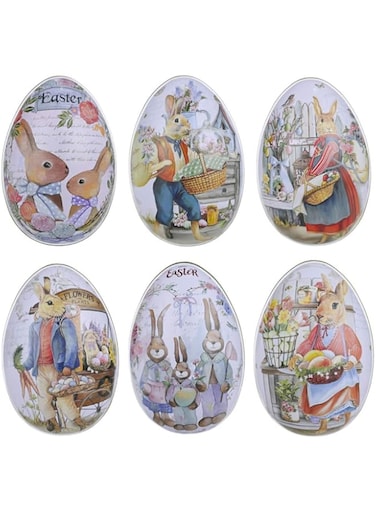 6PCS Metal Cookie Tins, Easter Egg Tin Easter Candy Box Spring Party Supplies Easter Holiday Box Jewelry Canister Decorative Cookie Tin Easter Treat Box for Spring Easter Holiday Party Supplies