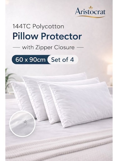 144TC Polycotton Pillow Protector with Zipper Closure, Soft &amp; Durable, White, 60x90 cm, Set of 4 Polycotton White 60x90cm
