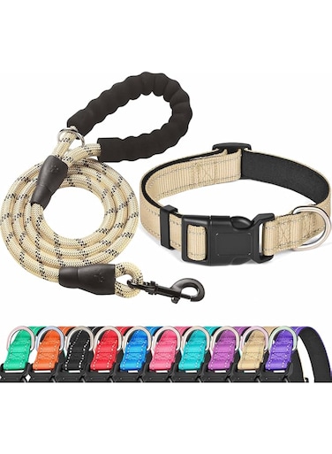 Ladoogo Reflective Dog Collar Padded with Soft Neoprene Breathable Adjustable Nylon Dog Collars for Small Medium Large Dogs (Large (Pack of 1), Vanilla Collar+Leash)