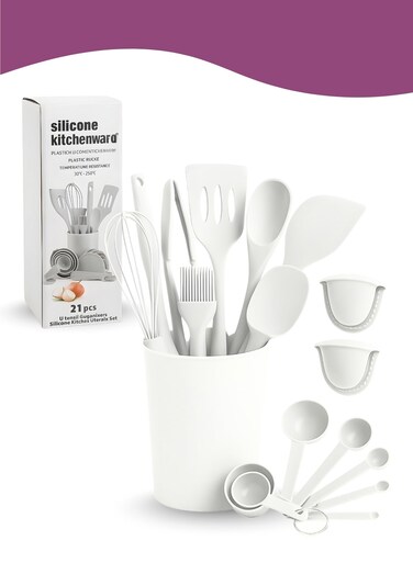 21-Piece Silicone Kitchen Utensils Set with Holder &acirc;&euro;&ldquo; Heat Resistant Cooking Spatula, Spoon, Ladle &amp; Turner Set for Non-Stick Cookware &acirc;&euro;&ldquo; BPA Free Silicone Cooking Tools
