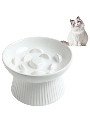 Elevated Slow Feeder Cat Bowl, Stop Vomiting &amp; Choking, Ceramic Cat Slow Feeder Bowl, Spill-Proof &amp; Anti-Tipping, Easy to Clean, No Black Chin, Raised Cat Bowl Slow Feeder for Dry &amp; Wet Food