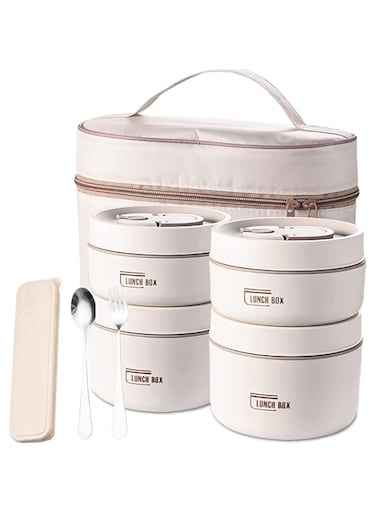 FGOGO Stainless Steel Bento Lunch Box for Kids,Portable Insulated lunch Containers Set with Thermal Bag and Tableware,Leakproof &amp; Heating Stackable Food Storage Lunch Box for Adults,4 Pcs