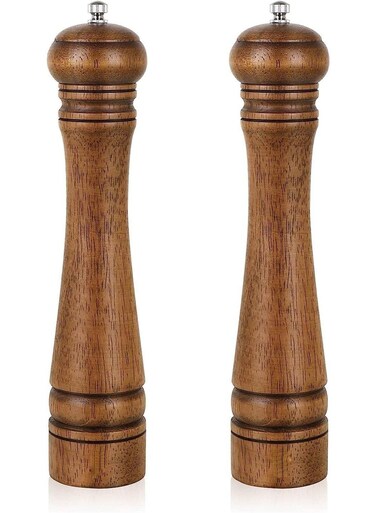 Pack of 2 Wood Pepper Grinder Set &acirc;&euro;&ldquo; 10 Inch Pepper Grinder and Salt Shaker Set &acirc;&euro;&ldquo; Adjustable Ceramic Rotor &acirc;&euro;&ldquo; Oak Wood Pepper Mill and Salt Mill &acirc;&euro;&ldquo; Essential Kitchen Grinder Set
