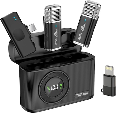 TNW Wireless Lavalier Microphone for iPhone &amp; Android &ndash; Dual Lapel Mic with 70M Range, 45H Battery, Built-in Wind Filter, ANC Noise Cancellation, Ideal for Interviews, Vlogs, Live Streaming (Black)
