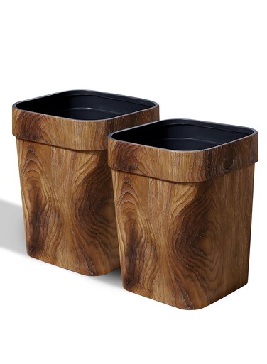 Wood Grain Plastic Trash Can Bedroom, Square 2-Pack, 3.7 Gal Farmhouse Wastebasket Bin Retro Style, Brown Trash Can for Room Aesthetic, Open Top Garbage Can for Office, Living Room, Hotel, Bathroom