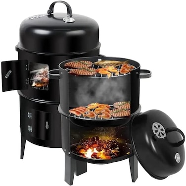3-in-1 Charcoal Smoker Grill with Thermometer, Multi-Layer BBQ Cooker, Outdoor Barbecue Smoker for Camping, Patio &amp; Backyard Cooking