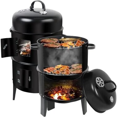 3-in-1 Charcoal Smoker Grill with Thermometer, Multi-Layer BBQ Cooker, Outdoor Barbecue Smoker for Camping, Patio &amp; Backyard Cooking