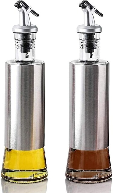 Limitless 2 PCS Glass Oil Dispenser Bottle with Steel Cover Seasoning Glass Oil Bottle Leakproof Stainless Steel Cruet Thickened Glass Bottle (300 ML)