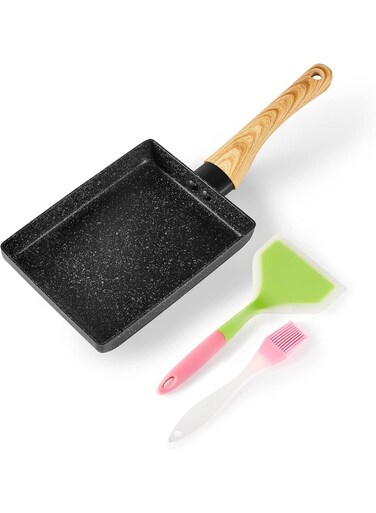 Omelette Pan,5"&Atilde;&mdash;7" Nonstick Tamagoyaki Egg Pan,Rectangle Small Frying Pan with Silicone Spatula &amp; Brush,Black
