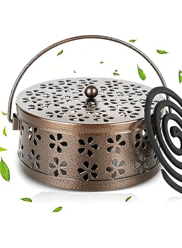 Retro Portable Iron Mosquito Coil Holder Handle Fireproof Incense Holder for Home, Office, Camping, Outdoor (Bronze)