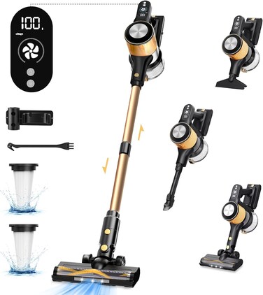 6 in 1 Cordless Vacuum Cleaner, 3 Power Modes &amp; LED Display, 45Mins Runtime Detachable Battery,