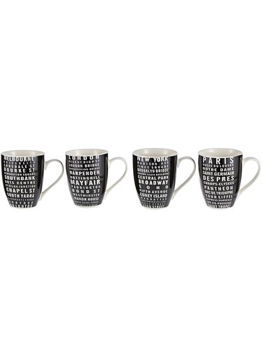 Symphony Tram Signs Mug Set of 4, 300 ml (Black and White)