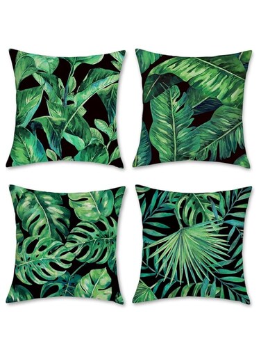 Bonhause Set of 4 Tropical Leaves Cushion Covers 45 x 45 cm Green Plant Polyester Linen Decorative Pillowcase for Sofa, Beds, Chairs, Car, Living Room, Home Decor