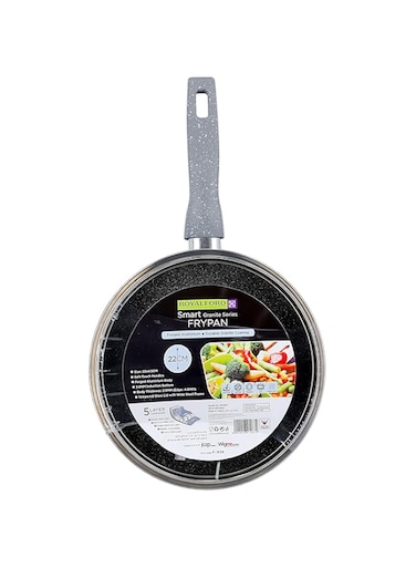 Royalford 22cm Granite Coated Smart Fry Pan With Lid - 5 Layer Coating   Multiple Hob Compatibility Heat-Resistant Handle Hanging Loop Ideal Frying, Cooking, Sauteing &amp; More,RF9951, Grey