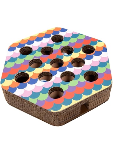 Furhaven Scratching Pad Ball Track Cat Toy w/Catnip for Indoor Cats - Hexagonal Busy Box Scratcher - Rainbow Scales, One Size