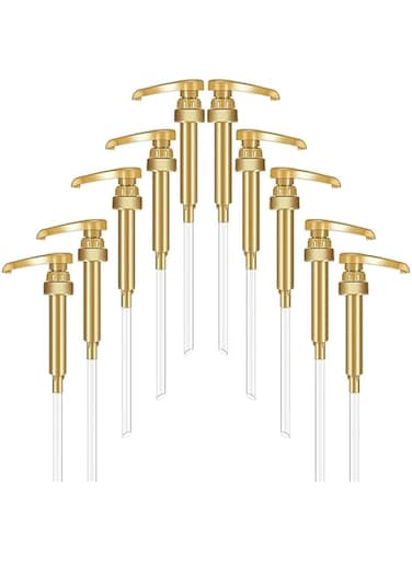 ALMEKAQUZ Gold Syrup Pump Dispenser, Fits Most 750ml Syrup Bottle for Coffee Syrups Snow Cones Caramel, Flavorings Bottle, Syrup Dispenser Syrup Pumps for Coffee Bar and Home (Pack of 10)