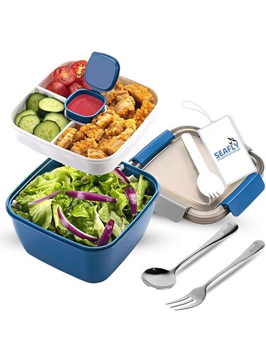 SEAFLY Lunch Box Food Container with Spoon, 1.5L/52-Oz Bento Box for Adults &amp; Kids, 3 Compartments with Salad Sauce Dressing for Food Fruit Snack, Microwave &amp; Dishwasher Safe, Blue (17.4x9.7x17.4cm)