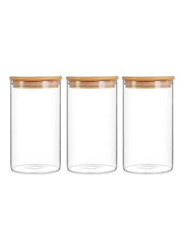 3 Piece Glass Food Container Set With Airtight Bamboo Lid Clear 750ml
