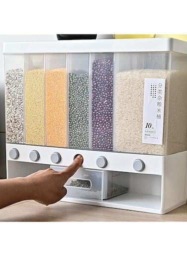 6 in 1 Wall-Mounted Cereals Dispenser Press Grain Storage Tank Dry Food Organizer Rice Dispenser for Home and Kitchen