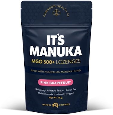 It's Manuka Mgo 500+ Lozenges, 16 Pieces, Pink Grapefruit Flavour, 180G, Made With Australian Manuka Honey, Gluten-Free, Soothes Sore Throats, Individually Wrapped
